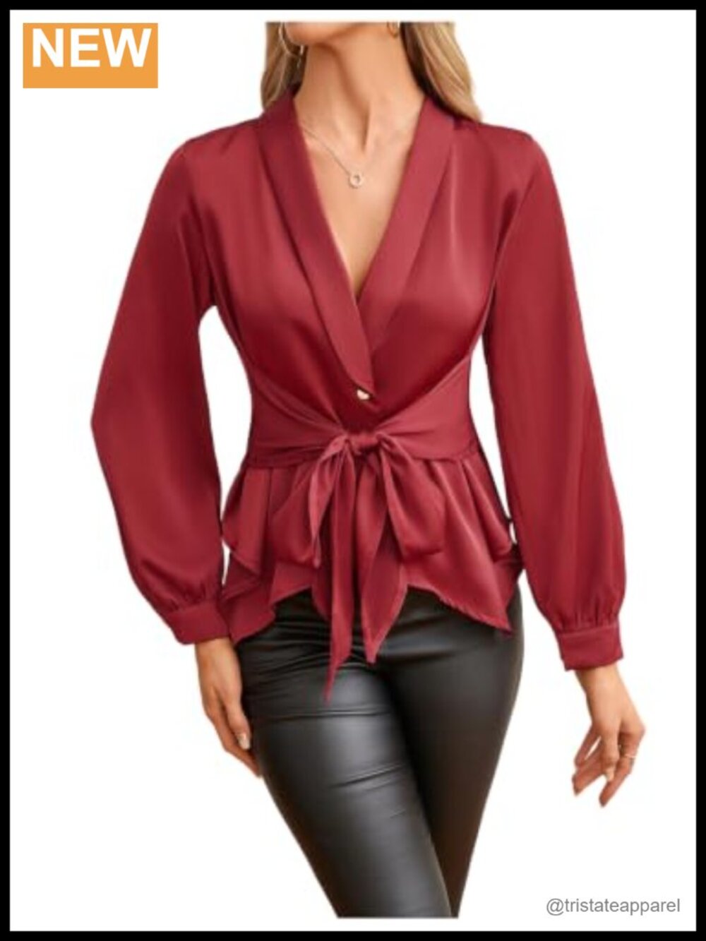 Satin Wrap Blouse Long Sleeve Tie Waist Asymmetric Shirt